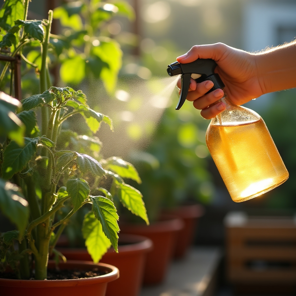 Spray natural din ingrediente de bucătărie aplicat pe plantele de pe balcon