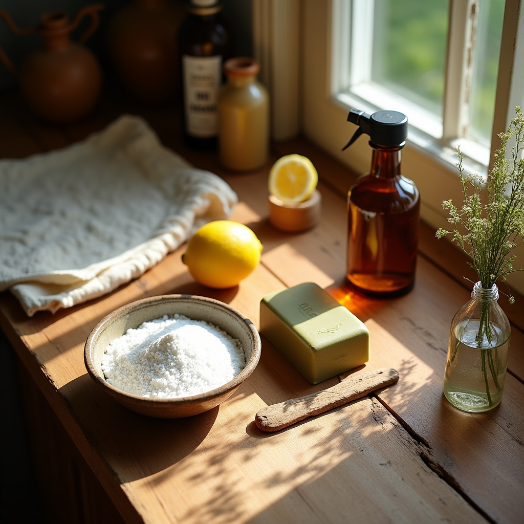 Ingrediente naturale pentru curățenie ecologică aranjate pe blatul de bucătărie