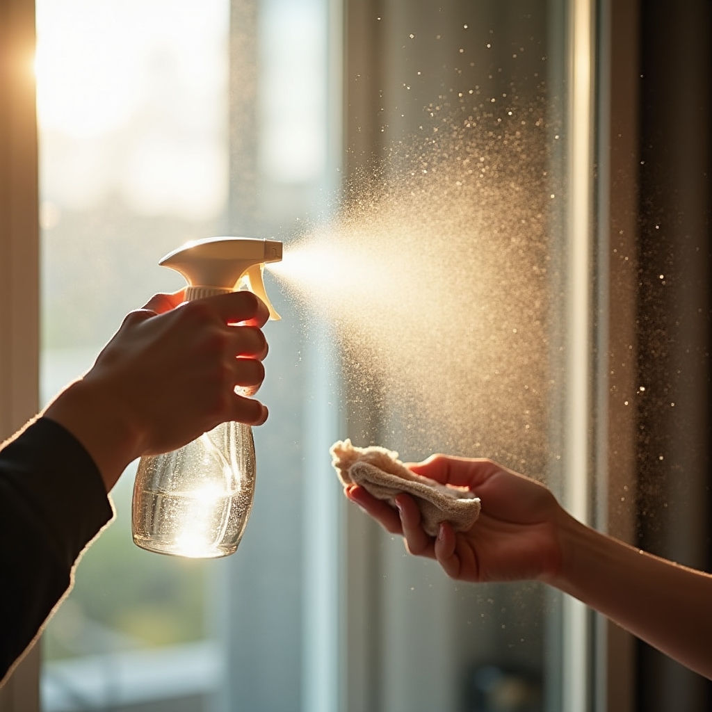 Spray cu alcool izopropilic aplicat pe suprafața unui geam