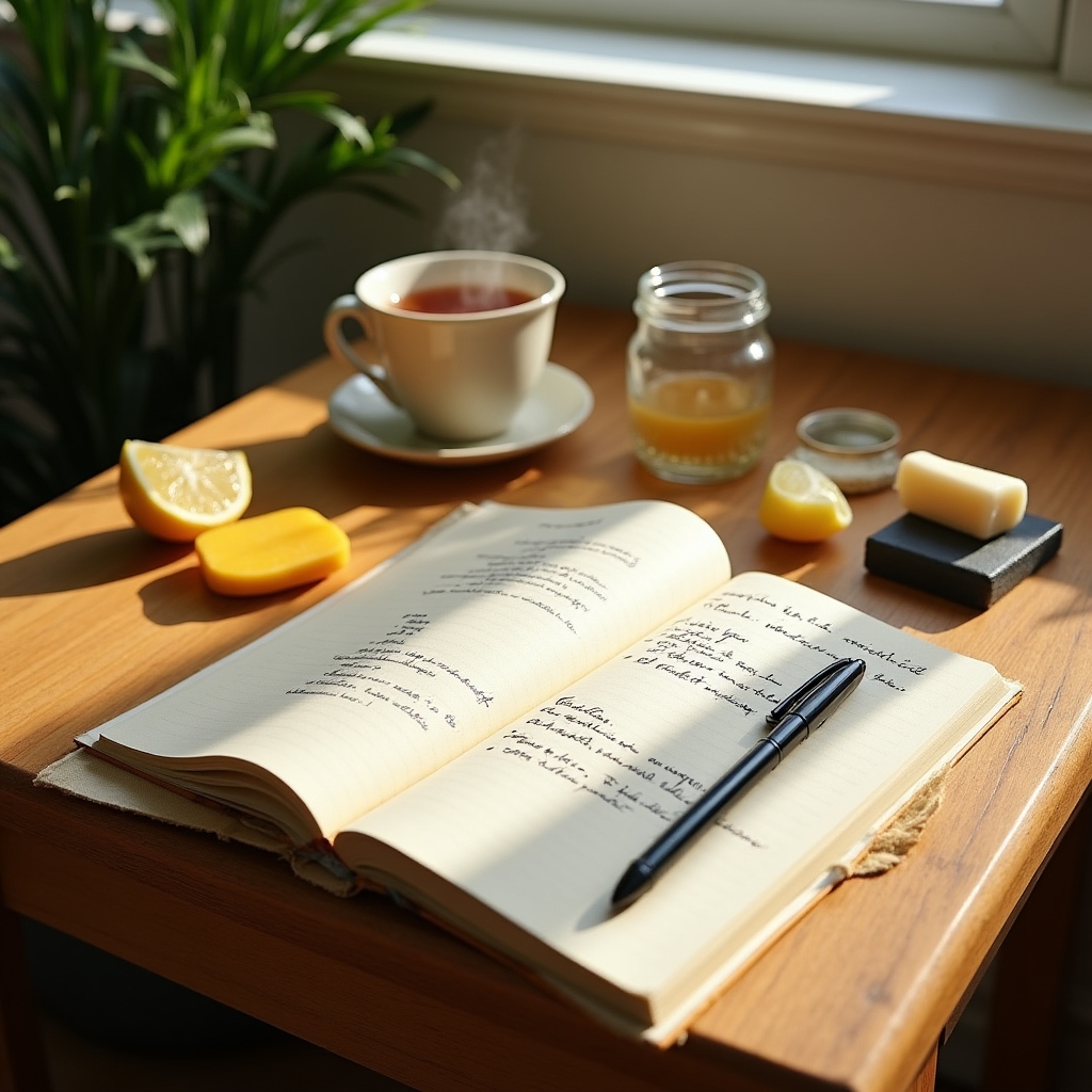 Loc de lucru în bucătărie cu notițe manuscrise și ingrediente naturale pentru curățenie